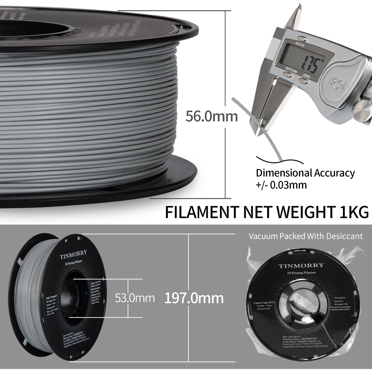 ASA 3D Printer Filament 1.75mm, 1 KG, Grey