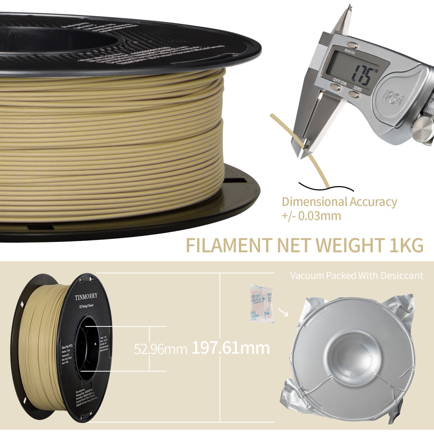 TINMORRY Glasfaserverstärktes PETG-Filament, hochschlagfestes PETG-GF-3D-Druckfilament, Haltbarkeit und Steifheit, perfekt kompatibel mit Bambu Lab FDM-3D-Drucker, 1 kg, 1 Spule, Frosted Beige 