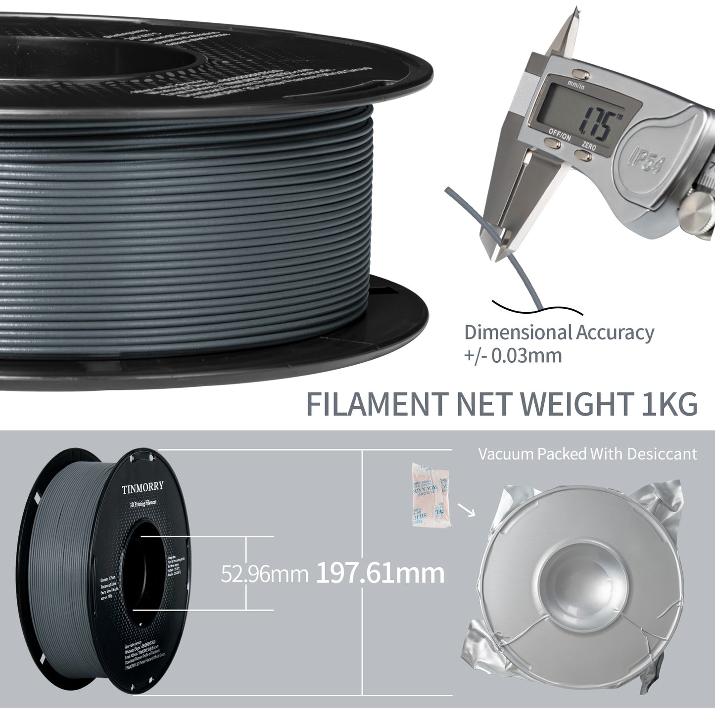 TINMORRY Glasfaserverstärktes PETG-Filament, hochschlagfestes PETG-GF-3D-Druckfilament, Haltbarkeit und Steifheit, perfekt kompatibel mit Bambu Lab FDM-3D-Drucker, 1 kg, 1 Spule, Frosted Grey