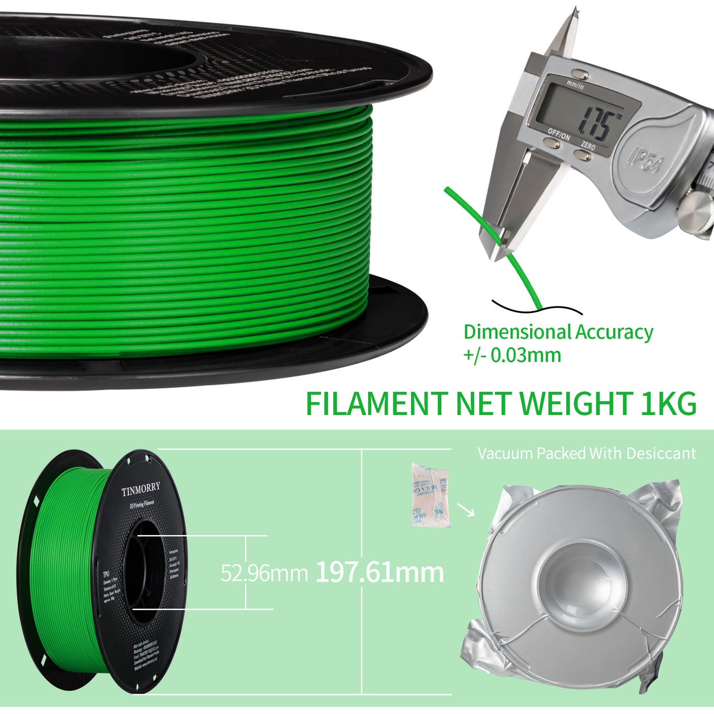 TINMORRY Glasfaserverstärktes PETG-Filament, hochschlagfestes PETG-GF-3D-Druckfilament, Haltbarkeit und Steifheit, perfekt kompatibel mit Bambu Lab FDM-3D-Drucker, 1 kg, 1 Spule, Frosted Green
