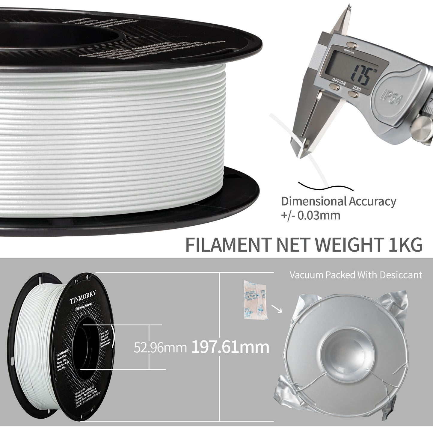 TINMORRY Glasfaserverstärktes PETG-Filament, hochschlagfestes PETG-GF-3D-Druckfilament, Haltbarkeit und Steifheit, perfekt kompatibel mit Bambu Lab FDM-3D-Drucker, 1 kg, 1 Spule, mattweiß 