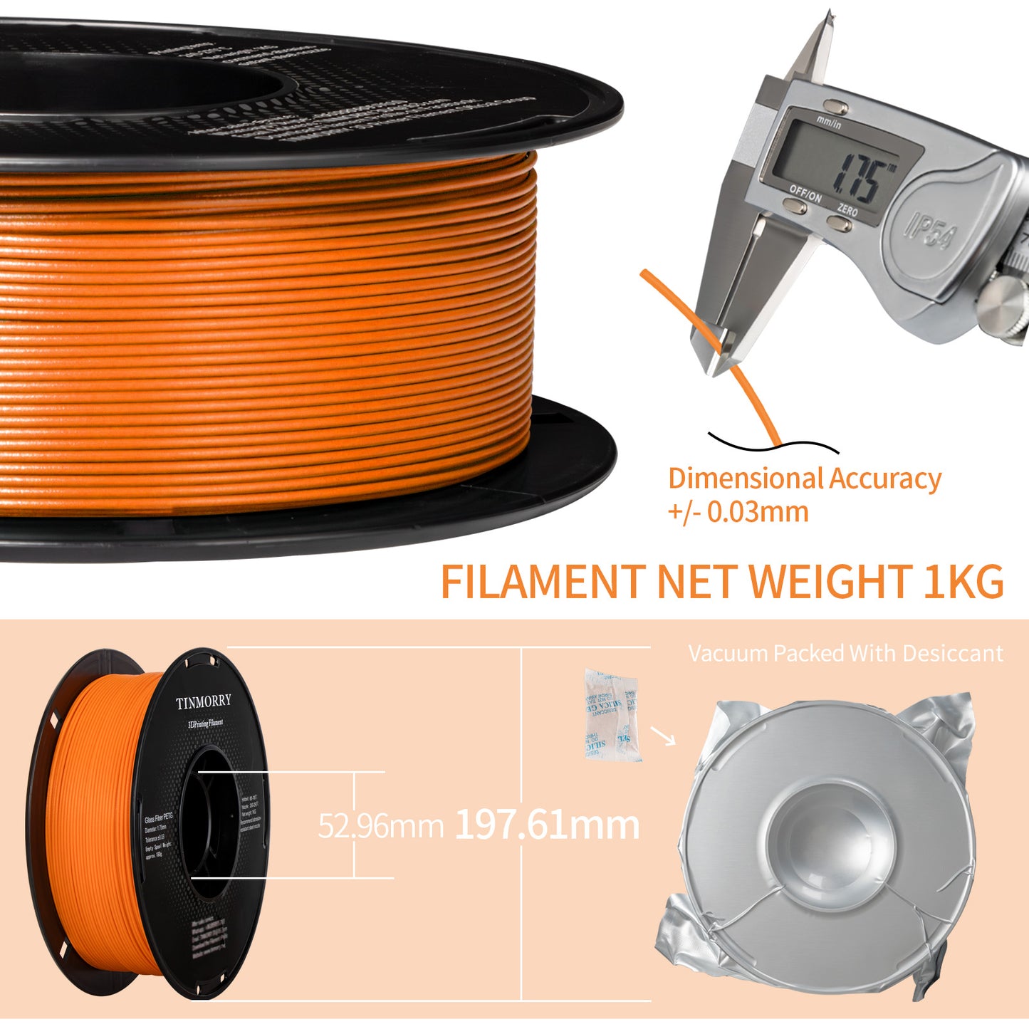 TINMORRY Glasfaserverstärktes PETG-Filament, hochschlagfestes PETG-GF-3D-Druckfilament, Haltbarkeit und Steifheit, perfekt kompatibel mit Bambu Lab FDM-3D-Drucker, 1 kg, 1 Spule, Frosted Orange 
