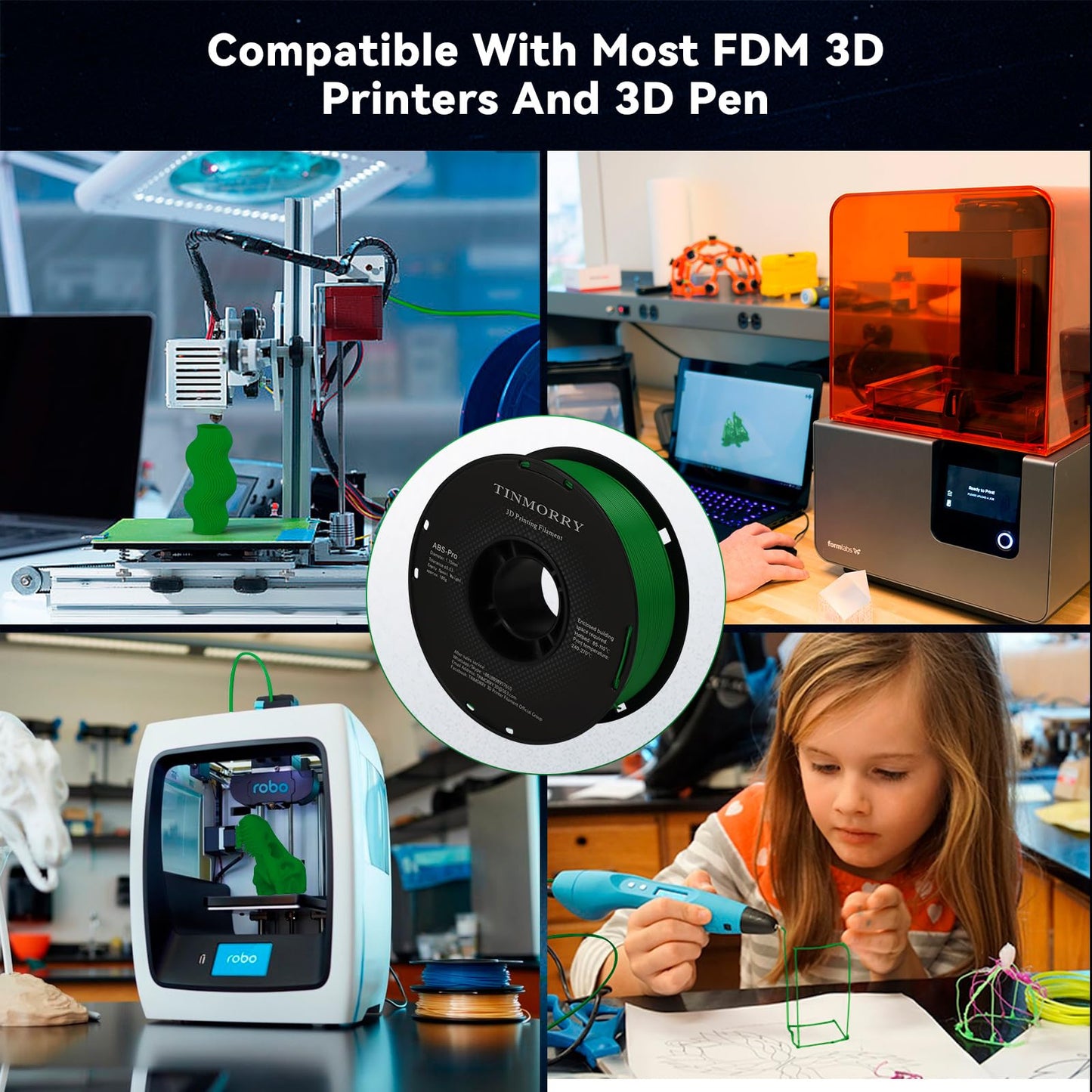 TINMORRY ABS Filament 1.75mm, ABS (Pro) 3D Drucker Filament 1KG, gute Hitzebeständigkeit, stark & haltbar, Maßgenauigkeit ±0.03mm, Grün