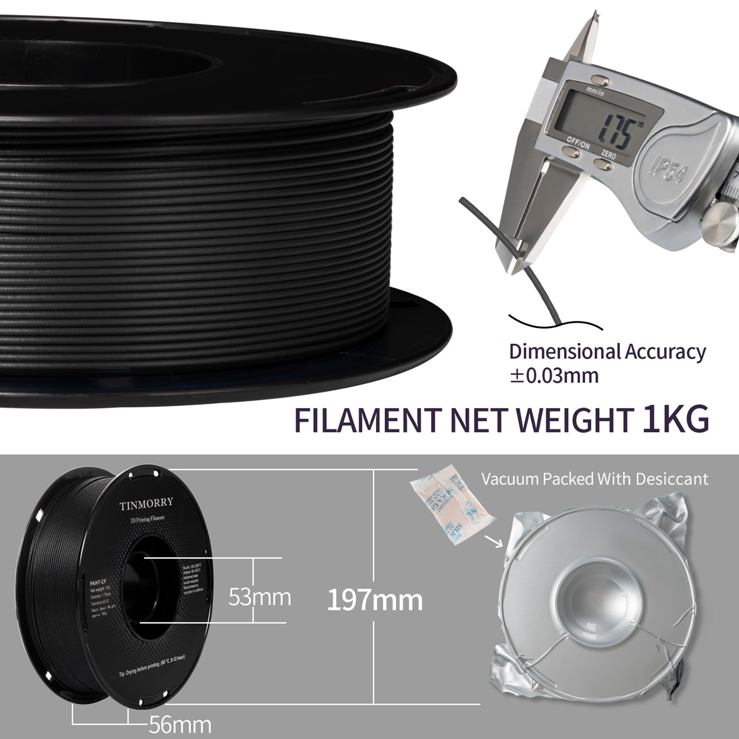 Carbon Fiber PAHT 3D Printer Filament 1.75mm, 1 KG, Black