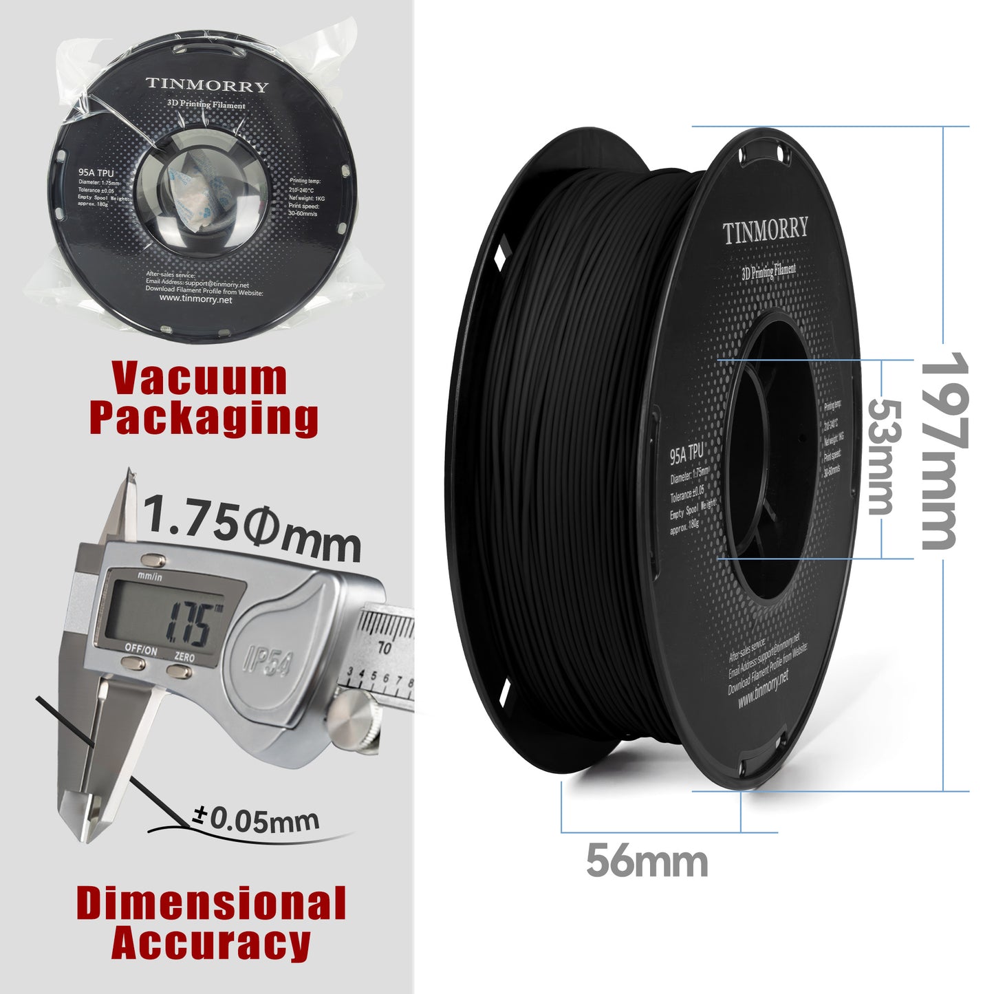 95A TPU 3D Printer Filament 1.75mm, 1 KG, Black