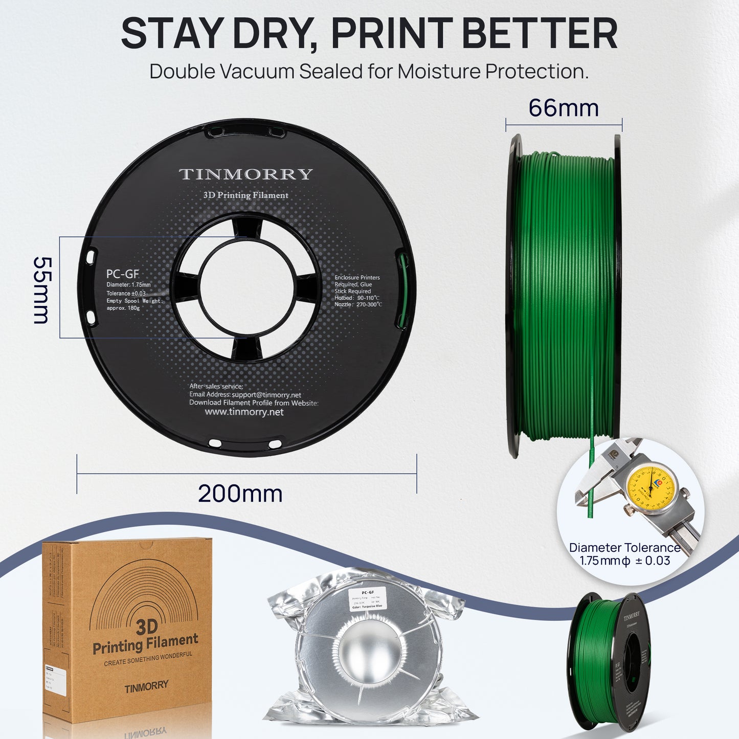 Glass Fiber PC 3D Printer Filament 1.75mm, 1 KG, Signal Green