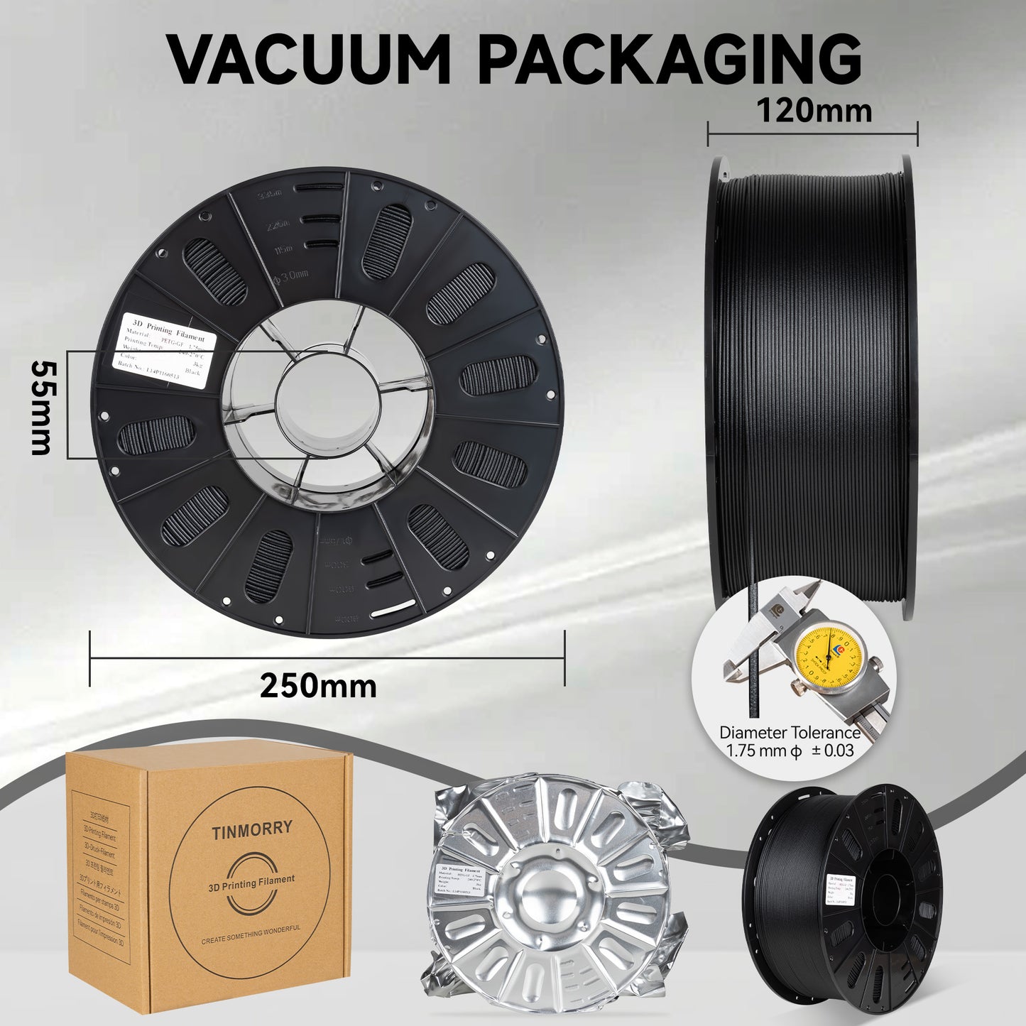 Glass Fiber PETG Filament Pack, 3 KG 1 Spool, Frosted Black