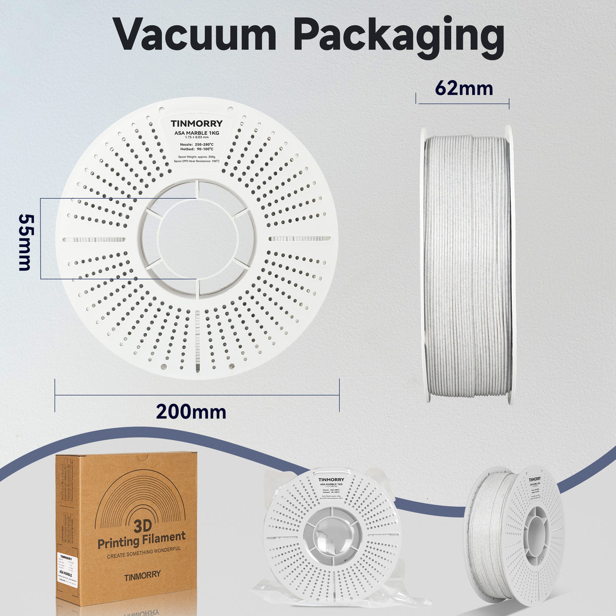 Marble ASA 3D Printer Filament 1.75mm, 1 KG, Light Grey