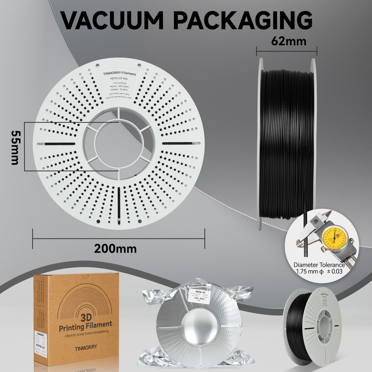 Carbon Fiber PETG 3D Printer Filament 1.75mm, 1 KG, Black