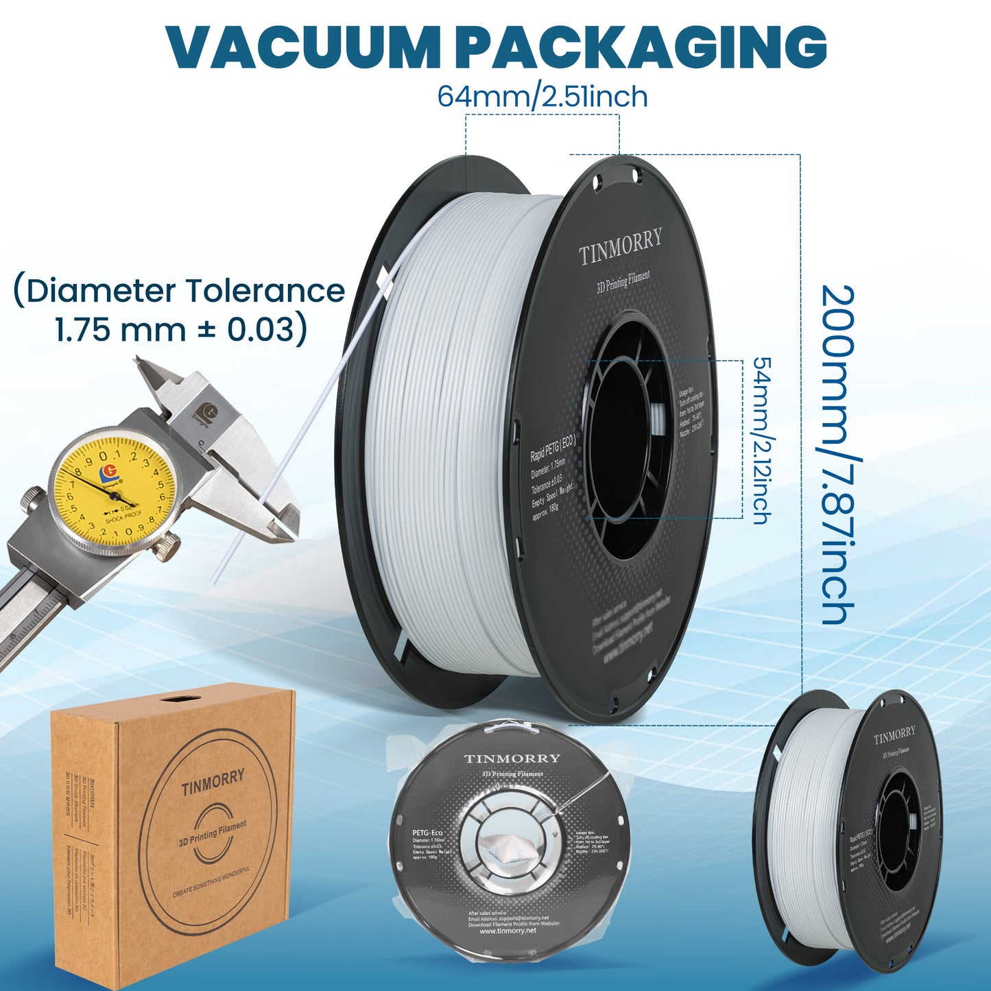 TINMORRY PETG フィラメント 1.75mm、Rapid PETG-Eco 3D プリント フィラメント、Bambu Lab/Creality K1C / FLASHFORGE Adventurer 5M FDM 3D プリンター対応、1 KG 1 スプール、コールド ホワイト