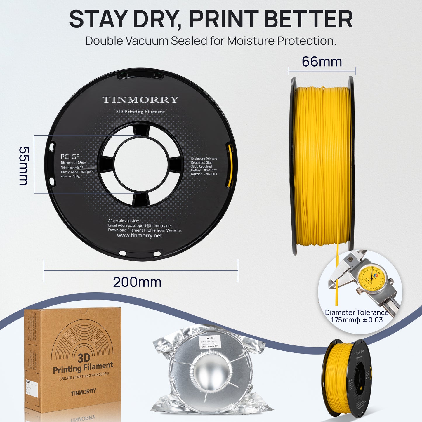 Glass Fiber PC 3D Printer Filament 1.75mm, 1 KG, Carter Yellow
