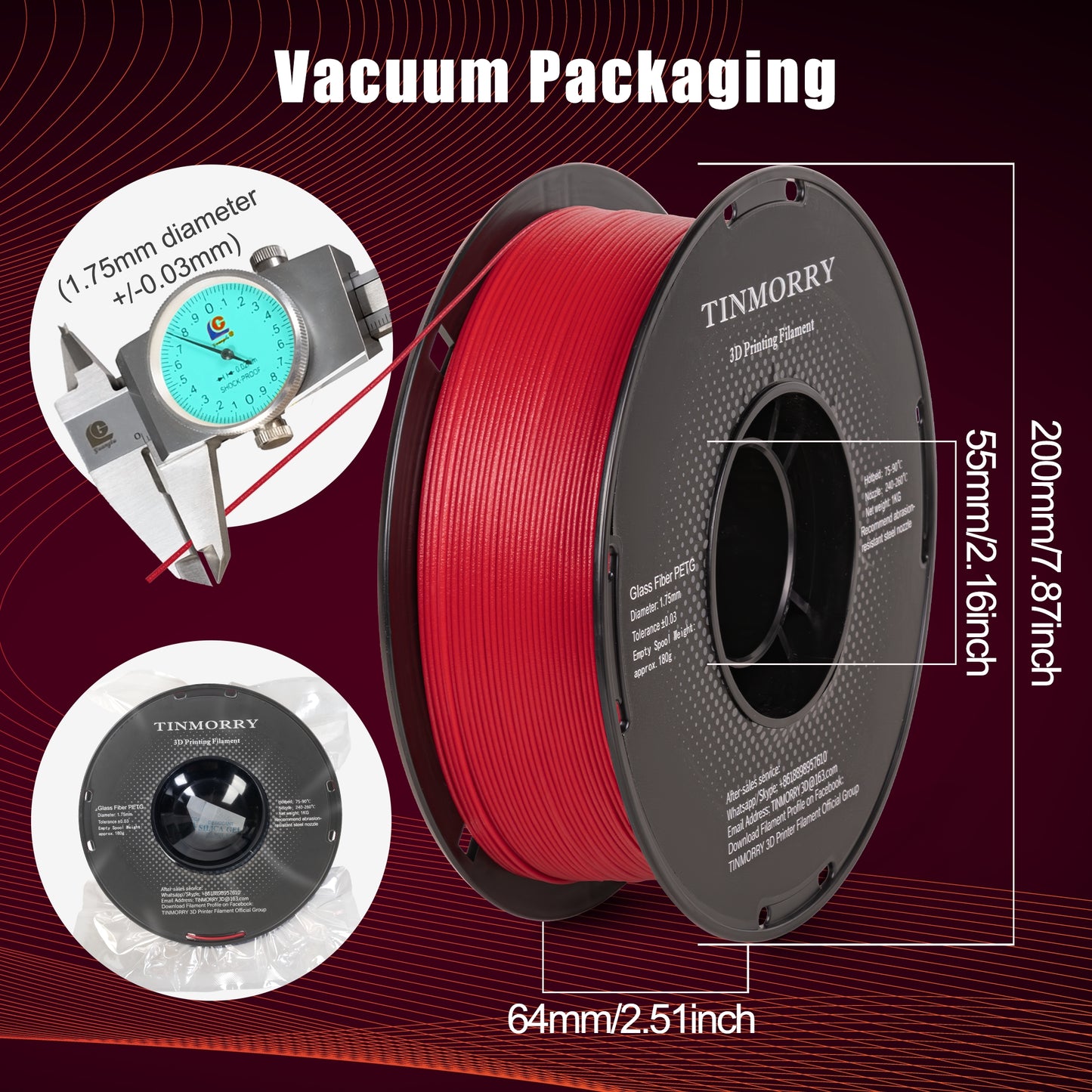 Glass Fiber PETG 3D Printer Filament 1.75mm, 1 KG, Frosted Ruby Red