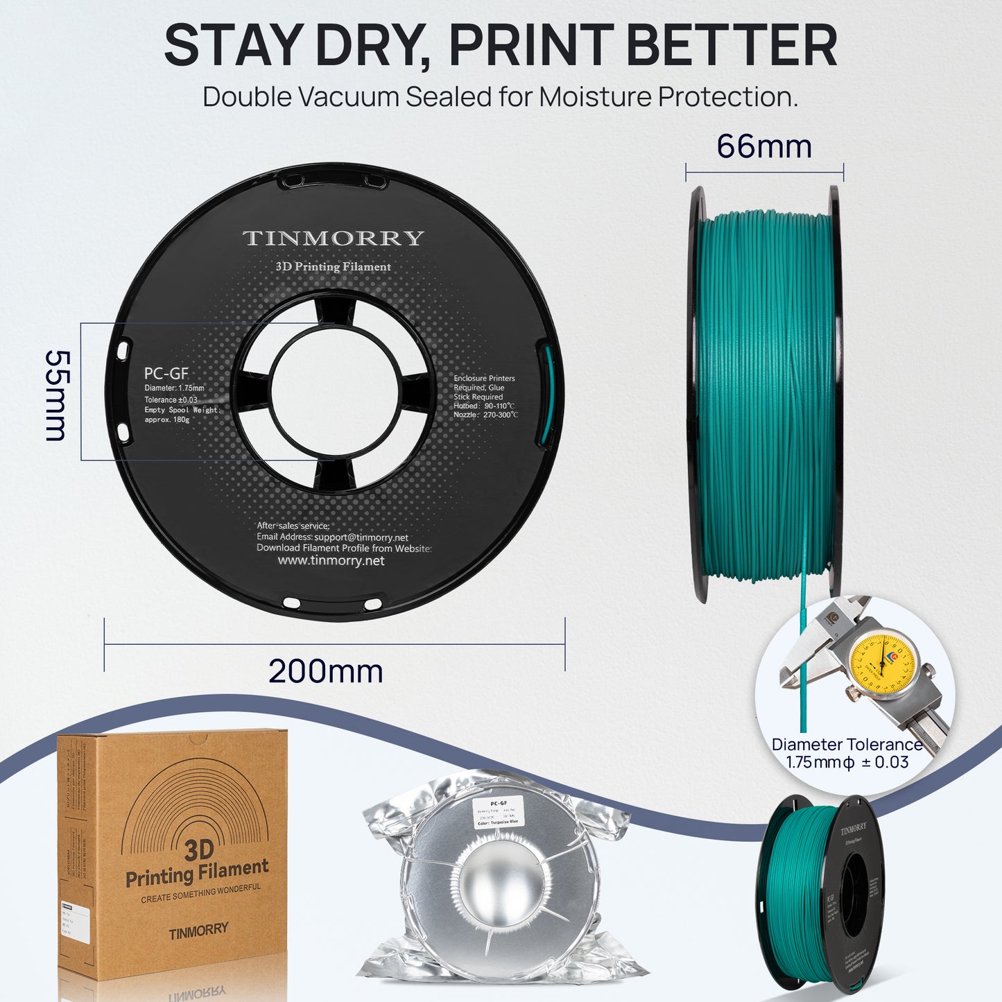 Glass Fiber PC 3D Printer Filament 1.75mm, 1 KG, Turquoise blue